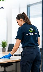 Agente ECOTECH PRO nettoyant un bureau dans un openspace