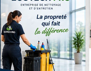 Agente ECOTECH PRO préparant son chariot de nettoyage professionnel dans un bureau lumineux